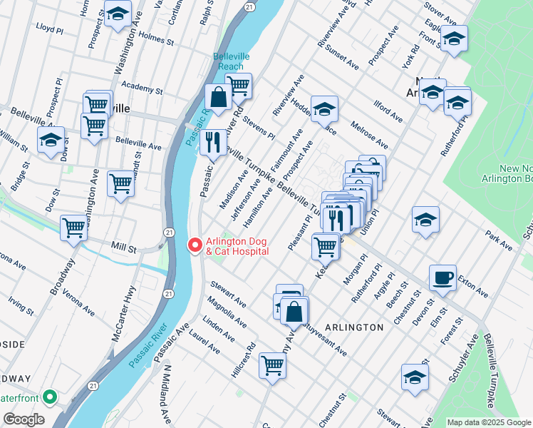 map of restaurants, bars, coffee shops, grocery stores, and more near 29 Livingston Avenue in Kearny