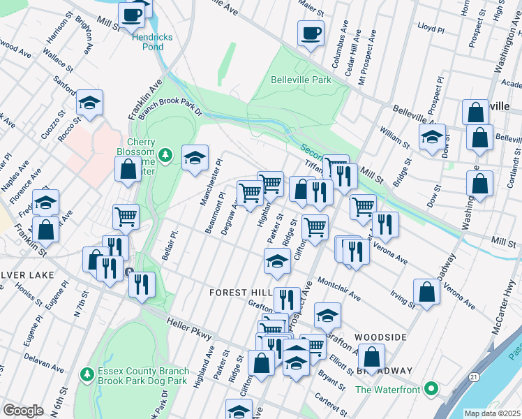 map of restaurants, bars, coffee shops, grocery stores, and more near 895 Lake Street in Newark