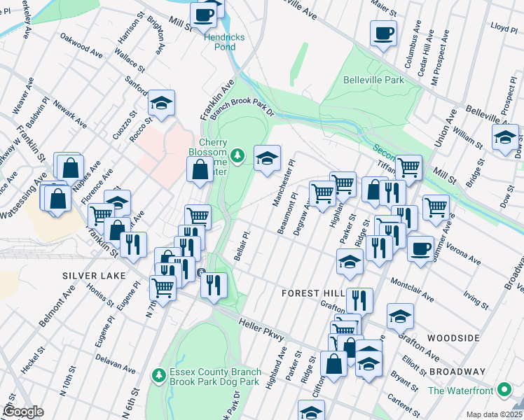 map of restaurants, bars, coffee shops, grocery stores, and more near 69 Manchester Place in Newark