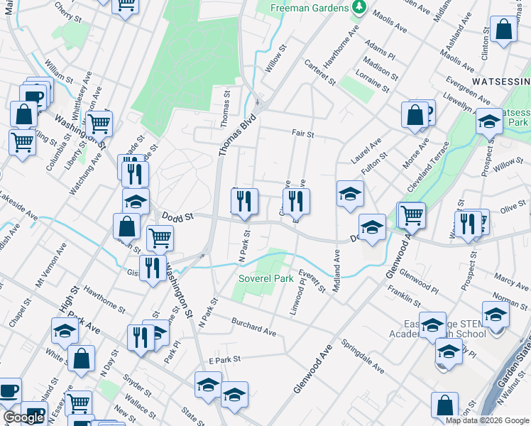 map of restaurants, bars, coffee shops, grocery stores, and more near 359 Dodd Street in East Orange