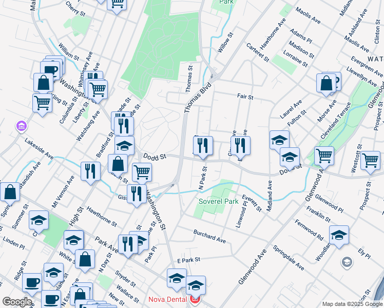 map of restaurants, bars, coffee shops, grocery stores, and more near in East Orange