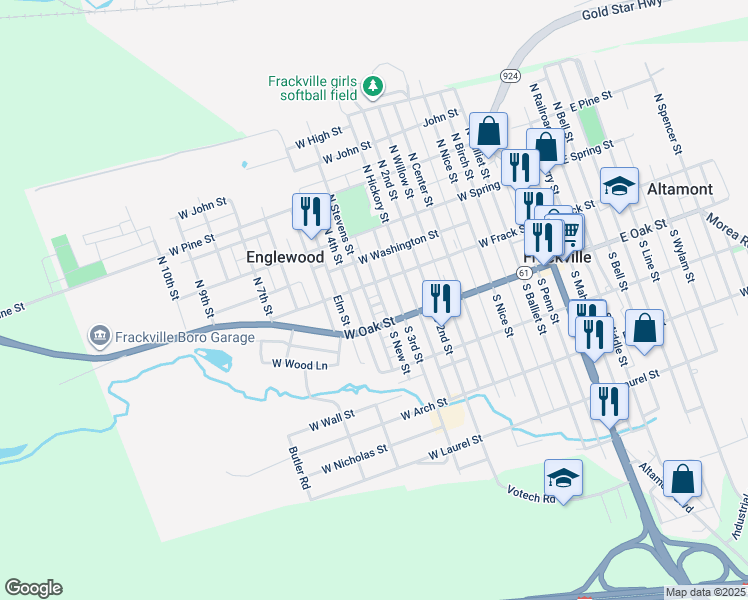 map of restaurants, bars, coffee shops, grocery stores, and more near in Frackville
