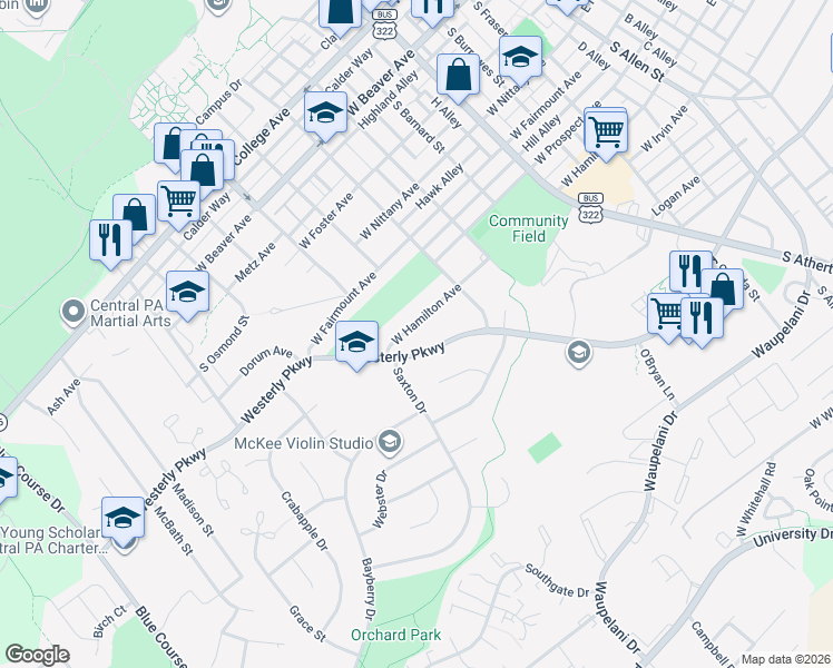 map of restaurants, bars, coffee shops, grocery stores, and more near in State College