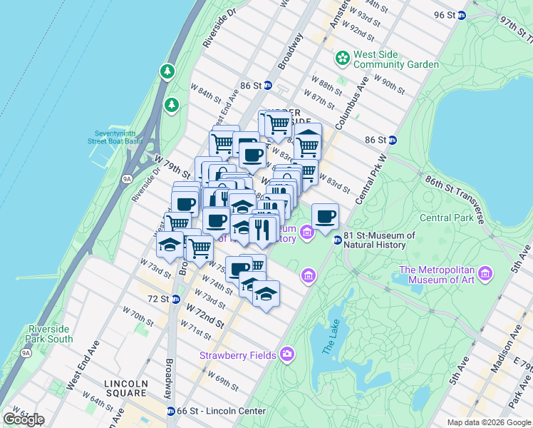 map of restaurants, bars, coffee shops, grocery stores, and more near 127 West 79th Street in New York