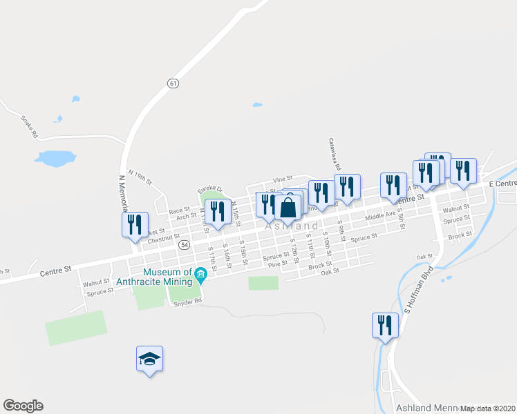 map of restaurants, bars, coffee shops, grocery stores, and more near 1321 Market Street in Ashland