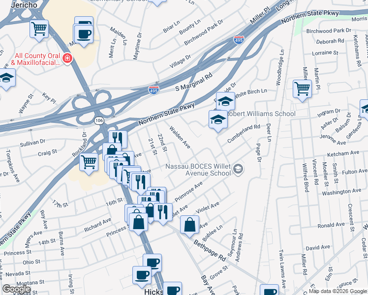 map of restaurants, bars, coffee shops, grocery stores, and more near 60 Elmtree Lane in Jericho