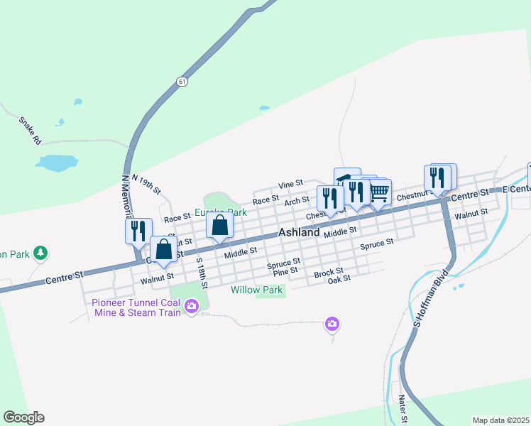 map of restaurants, bars, coffee shops, grocery stores, and more near 1321 Market Street in Ashland