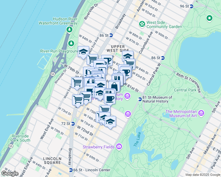 map of restaurants, bars, coffee shops, grocery stores, and more near 129 West 78th Street in New York