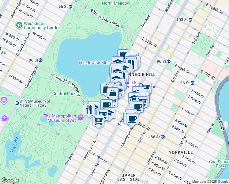 map of restaurants, bars, coffee shops, grocery stores, and more near 11 East 87th Street in New York