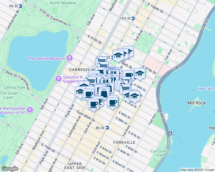 map of restaurants, bars, coffee shops, grocery stores, and more near 172 East 92nd Street in New York