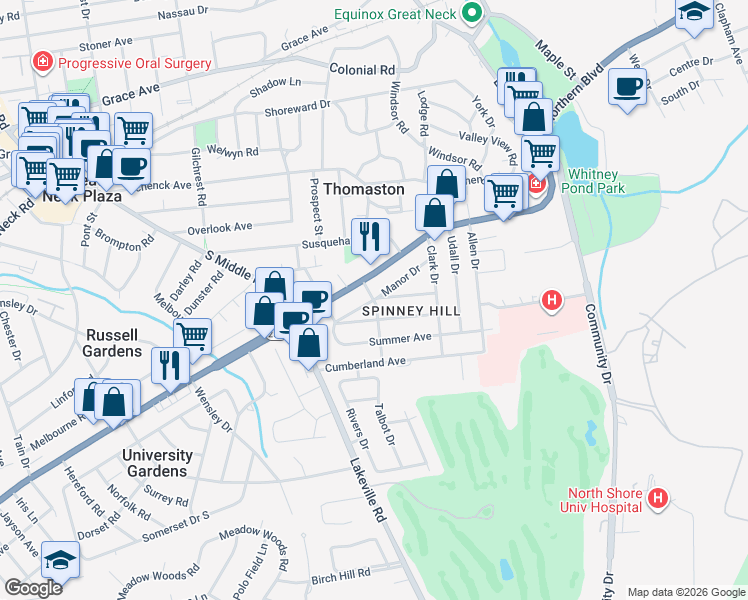 map of restaurants, bars, coffee shops, grocery stores, and more near Manor Drive in Great Neck