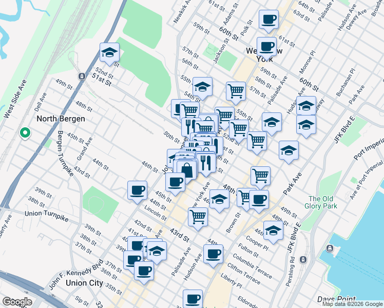map of restaurants, bars, coffee shops, grocery stores, and more near 4811 Bergenline Avenue in Union City