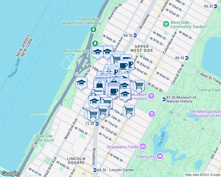 map of restaurants, bars, coffee shops, grocery stores, and more near 226 West 78th Street in New York
