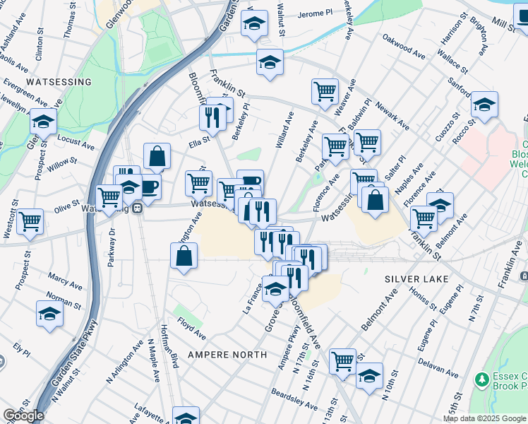 map of restaurants, bars, coffee shops, grocery stores, and more near 158 Watsessing Avenue in Bloomfield
