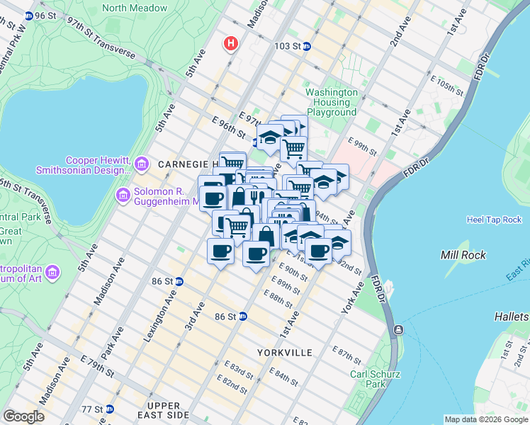 map of restaurants, bars, coffee shops, grocery stores, and more near 205 East 92nd Street in New York