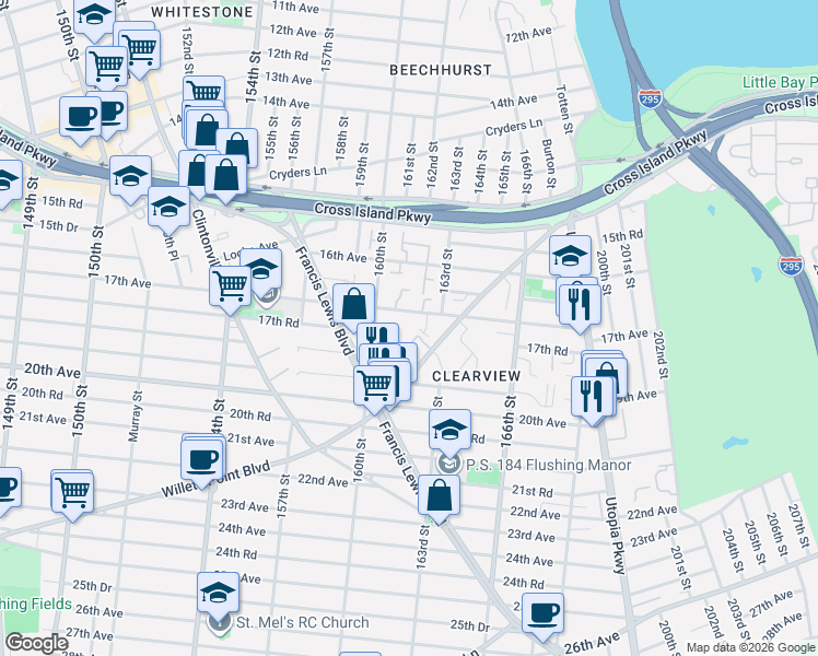 map of restaurants, bars, coffee shops, grocery stores, and more near 16071F Willets Point Boulevard in Queens