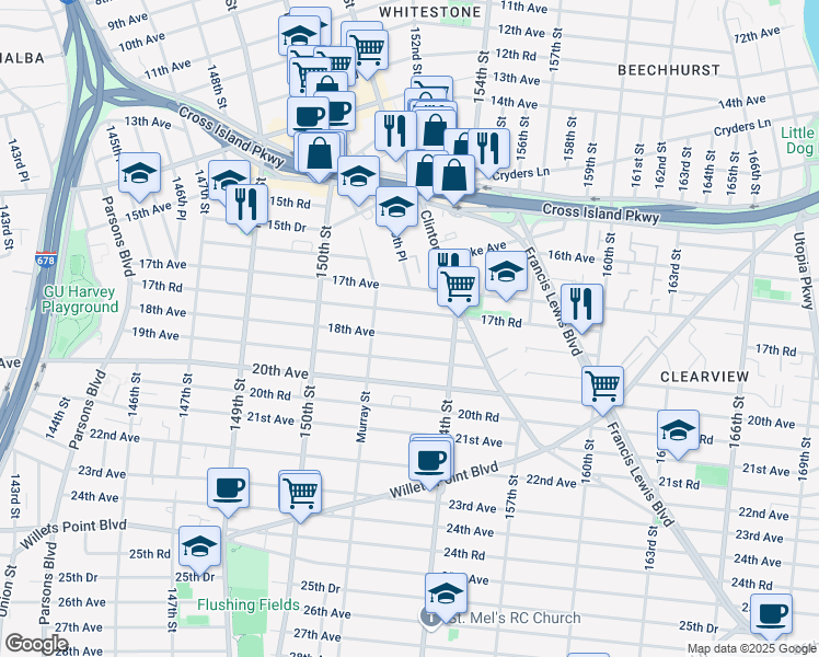 map of restaurants, bars, coffee shops, grocery stores, and more near 151-37 18th Avenue in Queens