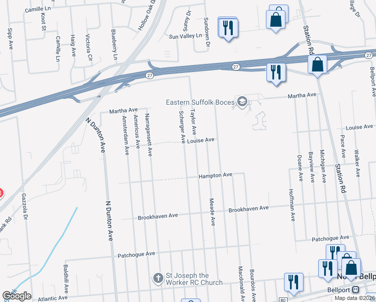map of restaurants, bars, coffee shops, grocery stores, and more near 832 Scherger Avenue in East Patchogue