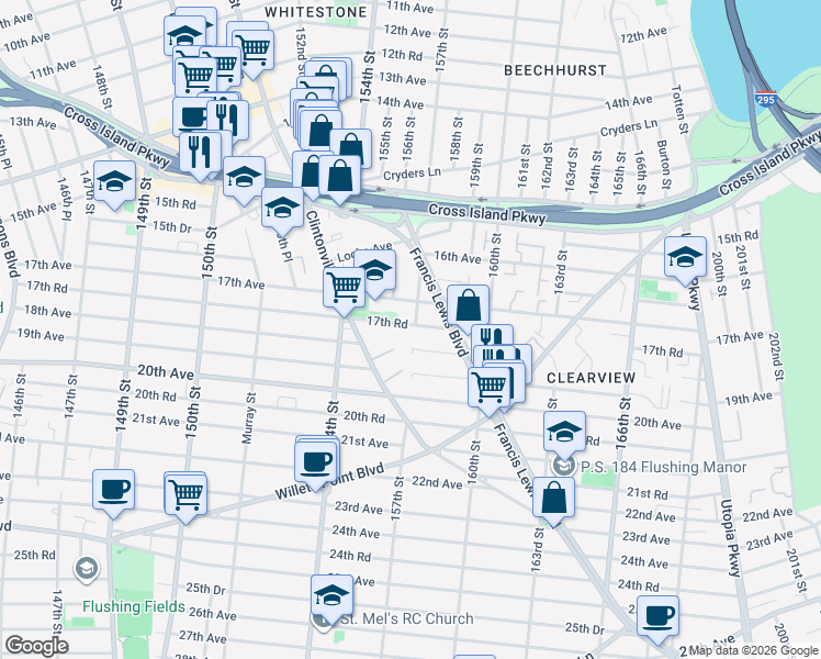 map of restaurants, bars, coffee shops, grocery stores, and more near 18-08 157th Street in Queens
