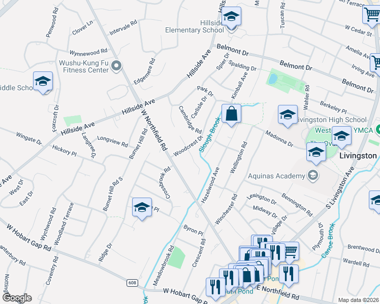 map of restaurants, bars, coffee shops, grocery stores, and more near 11 Manor Road in Livingston