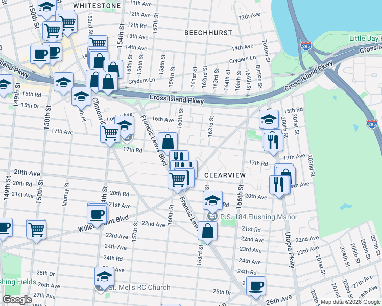 map of restaurants, bars, coffee shops, grocery stores, and more near 16071F Willets Point Boulevard in Queens