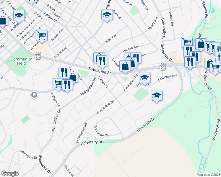 map of restaurants, bars, coffee shops, grocery stores, and more near 119 West Lytle Avenue in State College