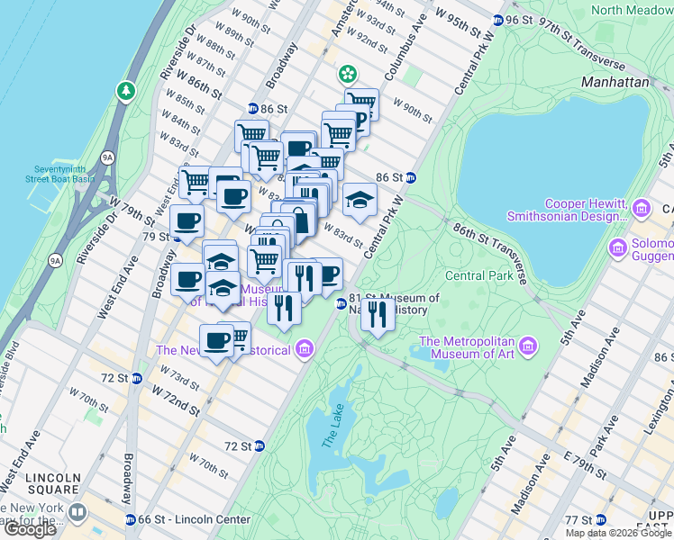 map of restaurants, bars, coffee shops, grocery stores, and more near 11 West 81st Street in New York