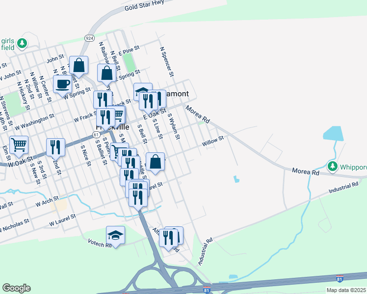 map of restaurants, bars, coffee shops, grocery stores, and more near 255 South Wylam Street in Frackville
