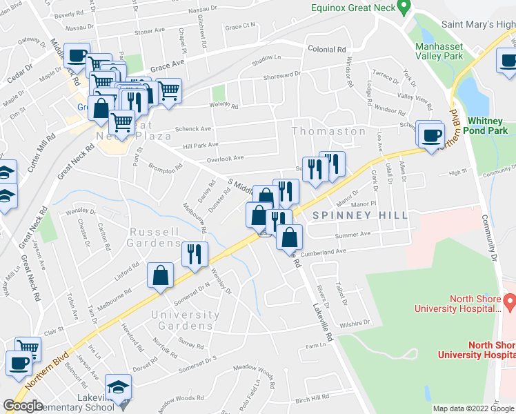 map of restaurants, bars, coffee shops, grocery stores, and more near 595 Northern Boulevard in Great Neck