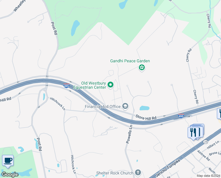 map of restaurants, bars, coffee shops, grocery stores, and more near 203 Store Hill Road in Old Westbury