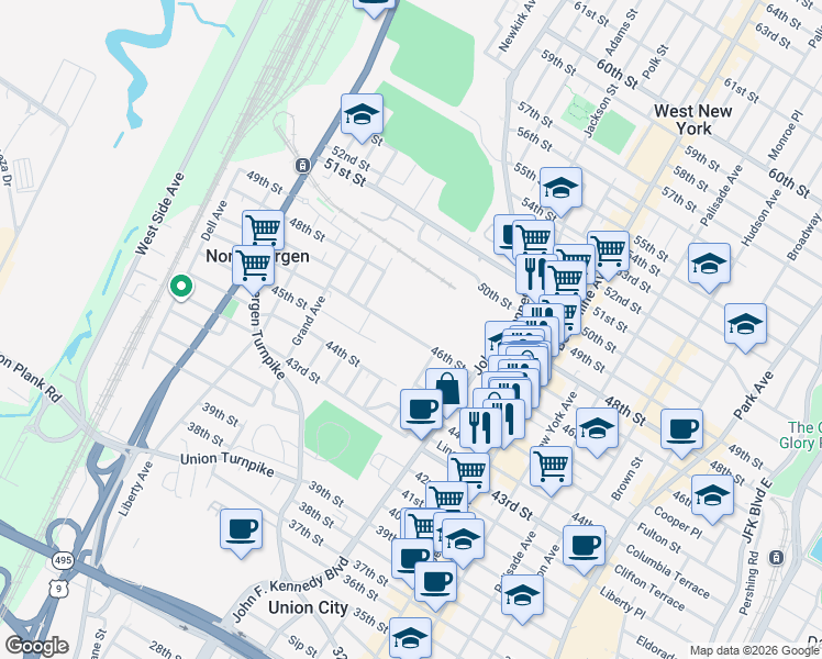 map of restaurants, bars, coffee shops, grocery stores, and more near 1201 46th Street in North Bergen