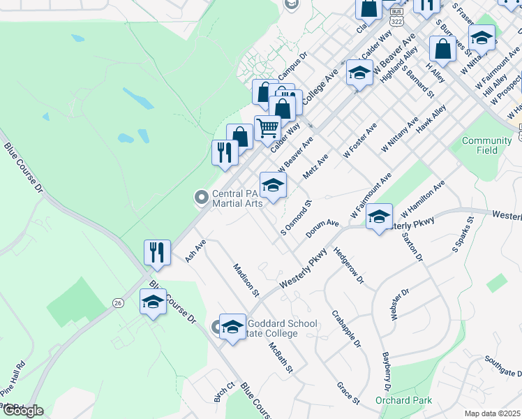 map of restaurants, bars, coffee shops, grocery stores, and more near South Corl Street in State College