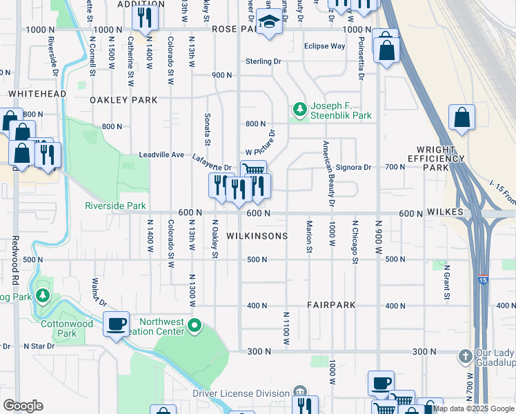map of restaurants, bars, coffee shops, grocery stores, and more near 1145 West 600 North in Salt Lake City