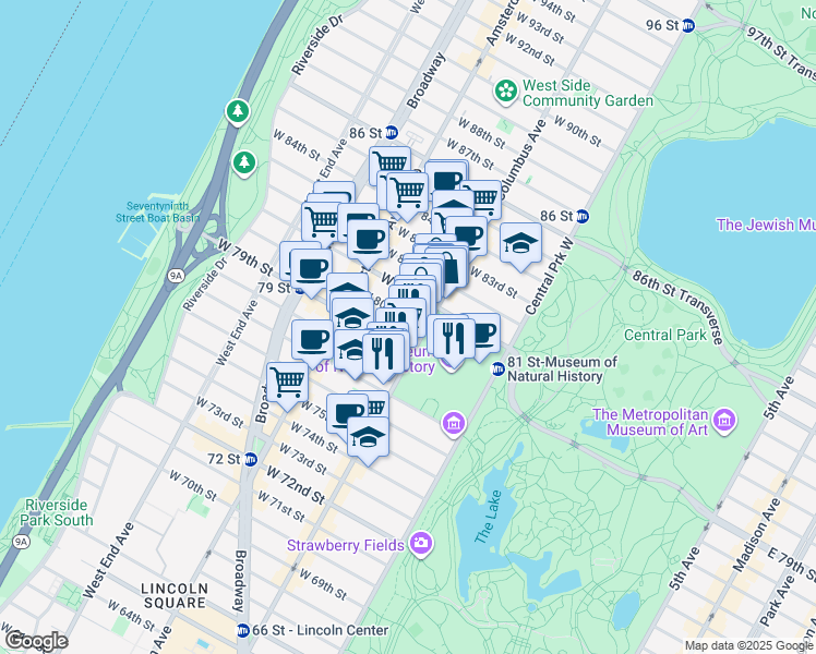 map of restaurants, bars, coffee shops, grocery stores, and more near 200 Central Park West in New York