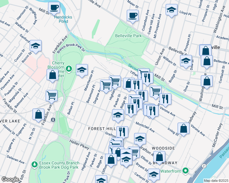 map of restaurants, bars, coffee shops, grocery stores, and more near 822 Parker Street in Newark