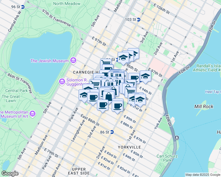 map of restaurants, bars, coffee shops, grocery stores, and more near 166 East 92nd Street in New York