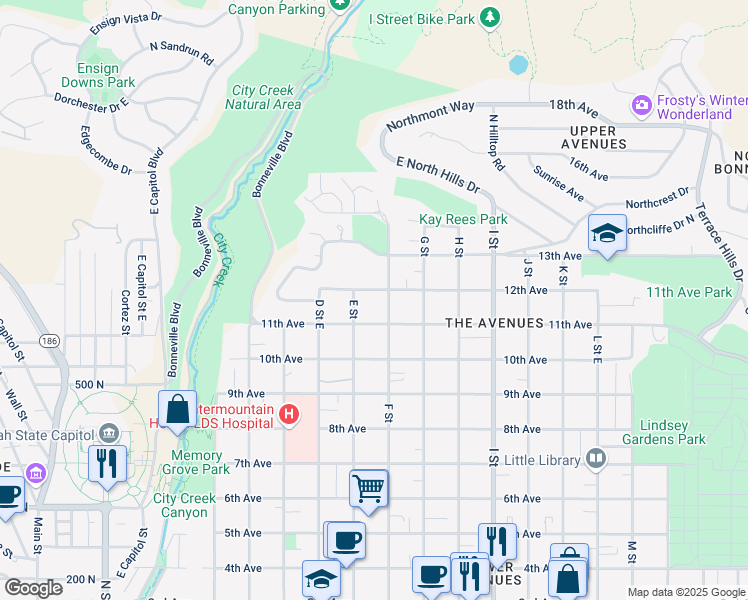 map of restaurants, bars, coffee shops, grocery stores, and more near 418-420 East 12th Avenue in Salt Lake City