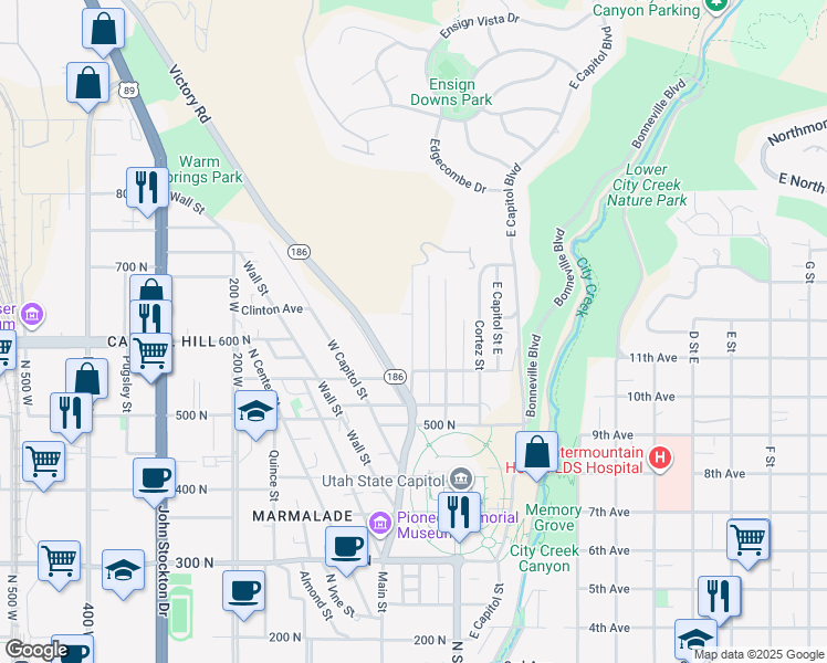 map of restaurants, bars, coffee shops, grocery stores, and more near 610 Columbus Street in Salt Lake City