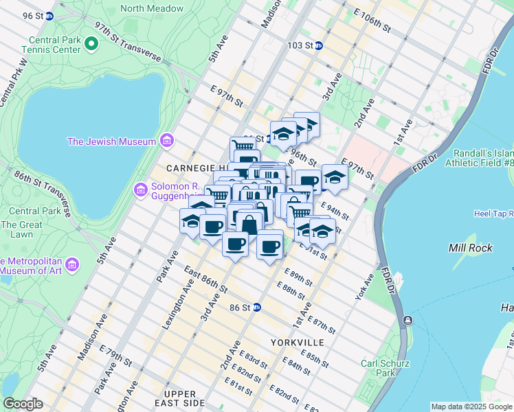 map of restaurants, bars, coffee shops, grocery stores, and more near 170 East 92nd Street in New York