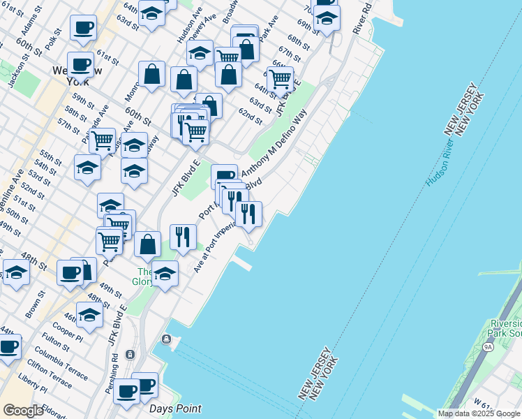 map of restaurants, bars, coffee shops, grocery stores, and more near 11 Avenue at Port Imperial in West New York