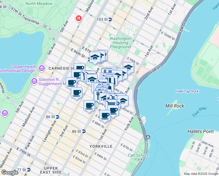 map of restaurants, bars, coffee shops, grocery stores, and more near 1812 2nd Avenue in New York