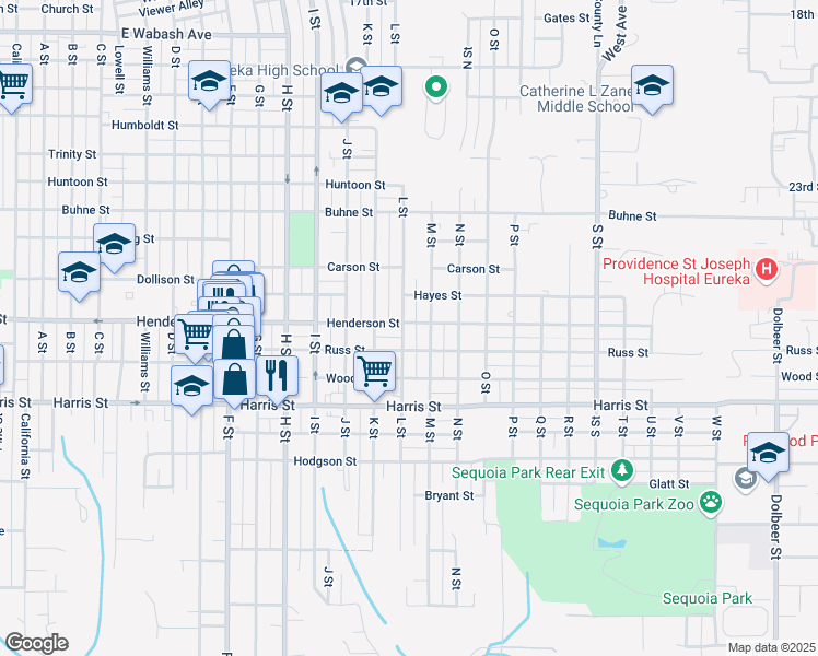 map of restaurants, bars, coffee shops, grocery stores, and more near 1100-1148 Russ St in Eureka