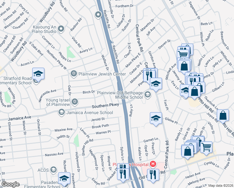 map of restaurants, bars, coffee shops, grocery stores, and more near 2 Wallace Drive in Plainview
