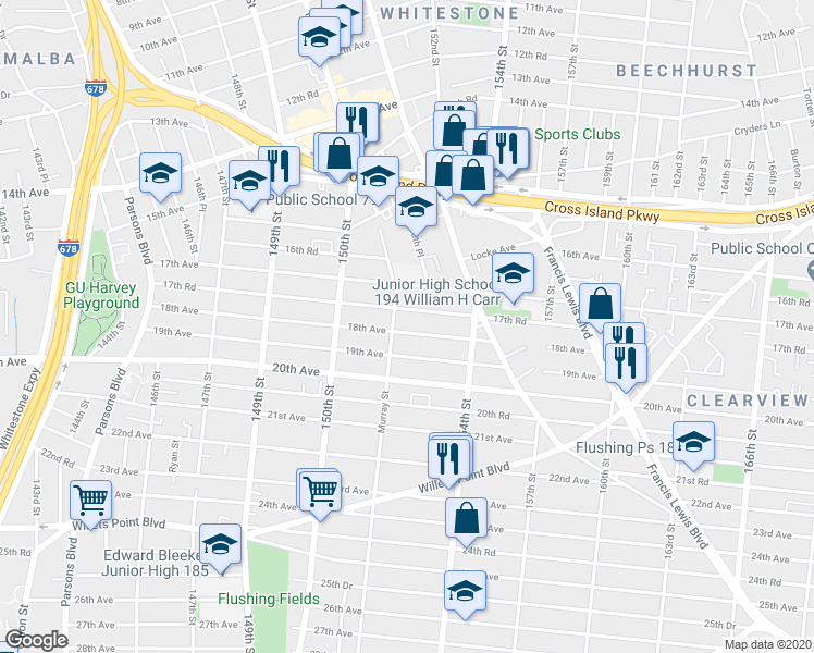 map of restaurants, bars, coffee shops, grocery stores, and more near 151-35 19th Avenue in Queens