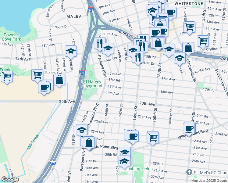 map of restaurants, bars, coffee shops, grocery stores, and more near 145-69 20th Avenue in Queens