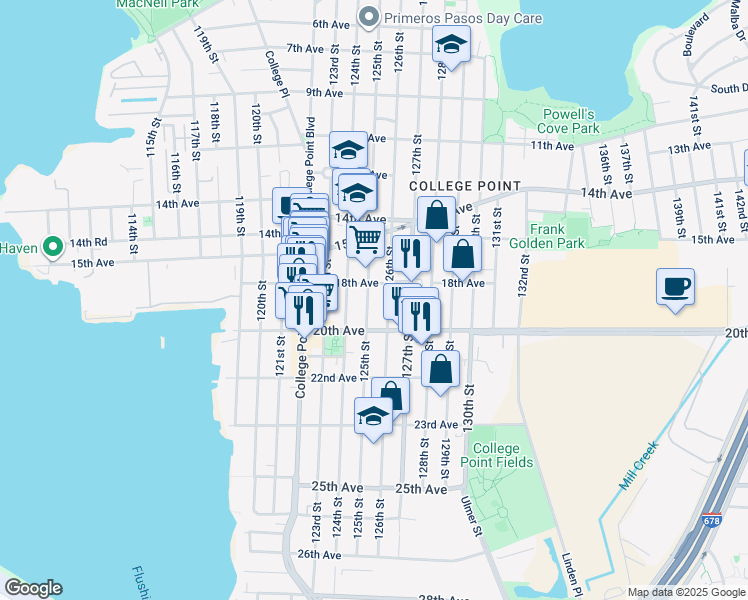 map of restaurants, bars, coffee shops, grocery stores, and more near 18-40 125th Street in Queens