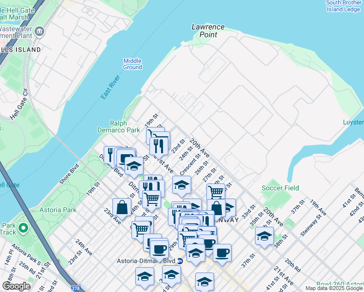 map of restaurants, bars, coffee shops, grocery stores, and more near 20-51 23rd Street in Queens