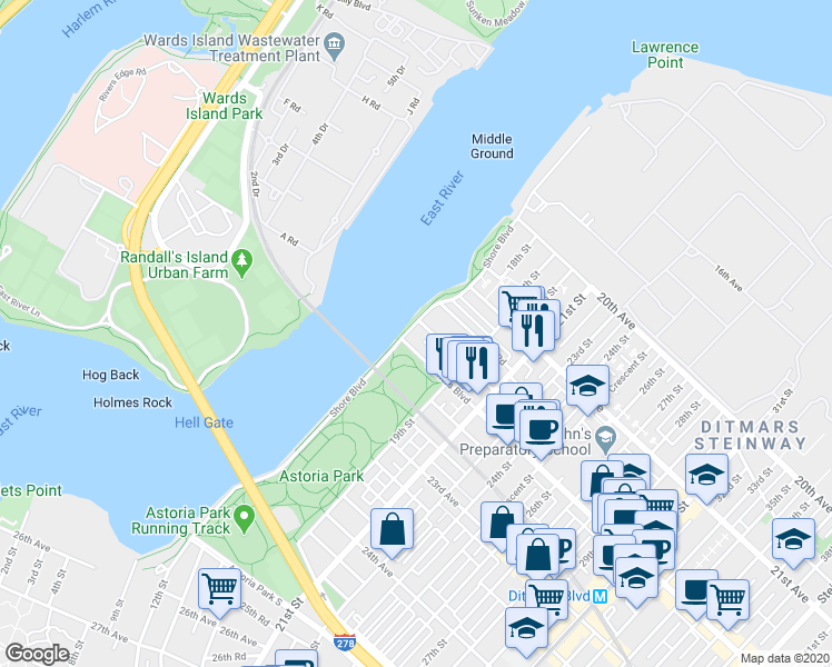 map of restaurants, bars, coffee shops, grocery stores, and more near 18-37 Ditmars Boulevard in Queens