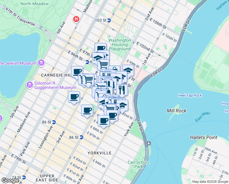 map of restaurants, bars, coffee shops, grocery stores, and more near 327 East 93rd Street in New York