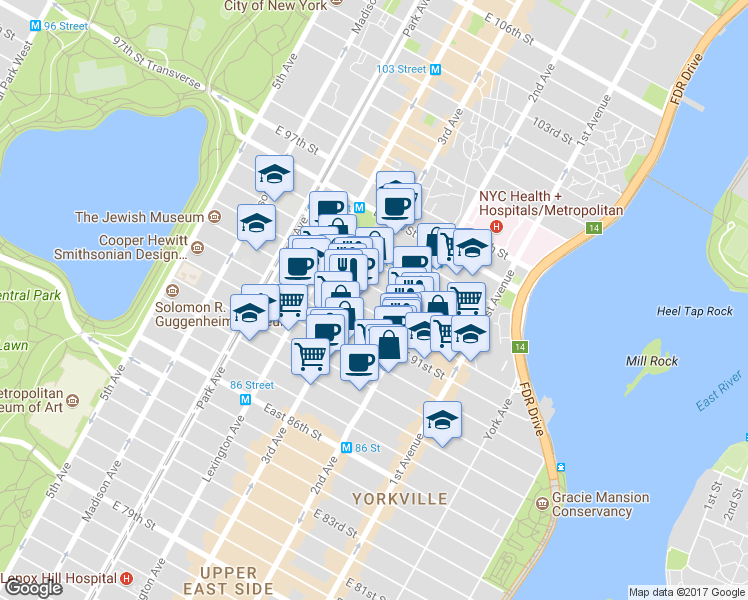 map of restaurants, bars, coffee shops, grocery stores, and more near in New York